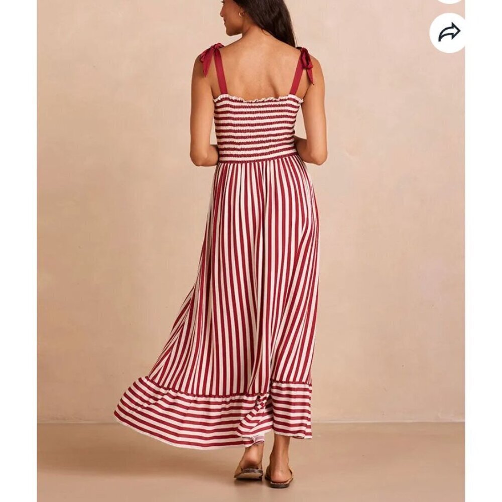 Summersalt NWT Silky Luxe Smocked Maxi Dress Nautical Stripe in Sedona Red XS - Picture 2 of 10
